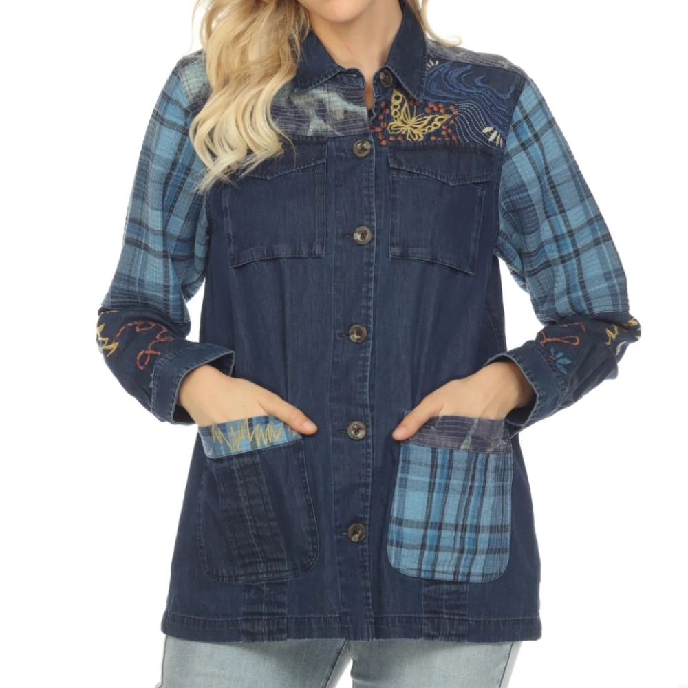 Johnny Was Workshop Moonlight Tie Dye Patchwork Military Jacket Boho Chi…